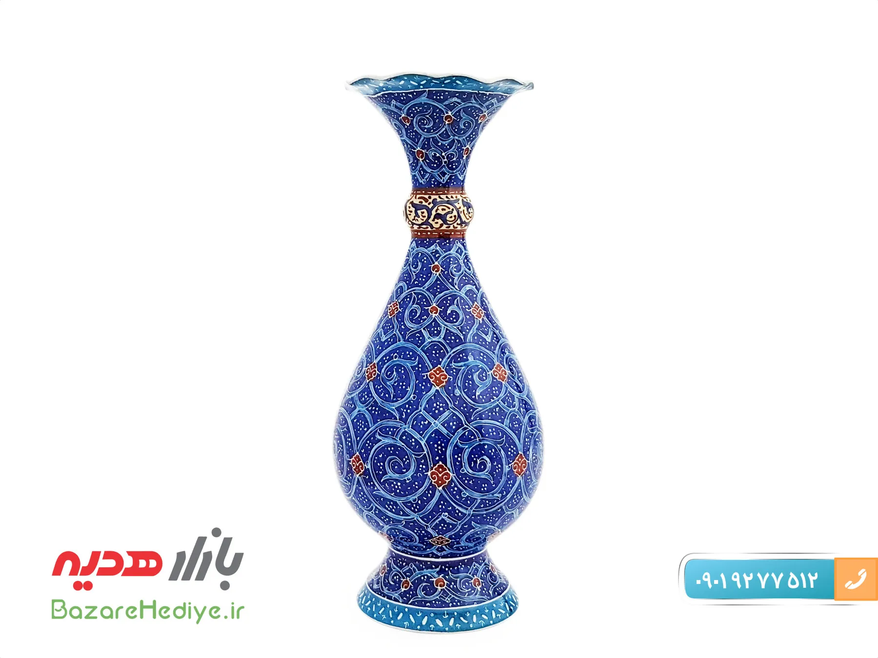 گلدان مسی میناکاری استاد اسماعیلی طرح اسلیمی ۱۶ سانتی