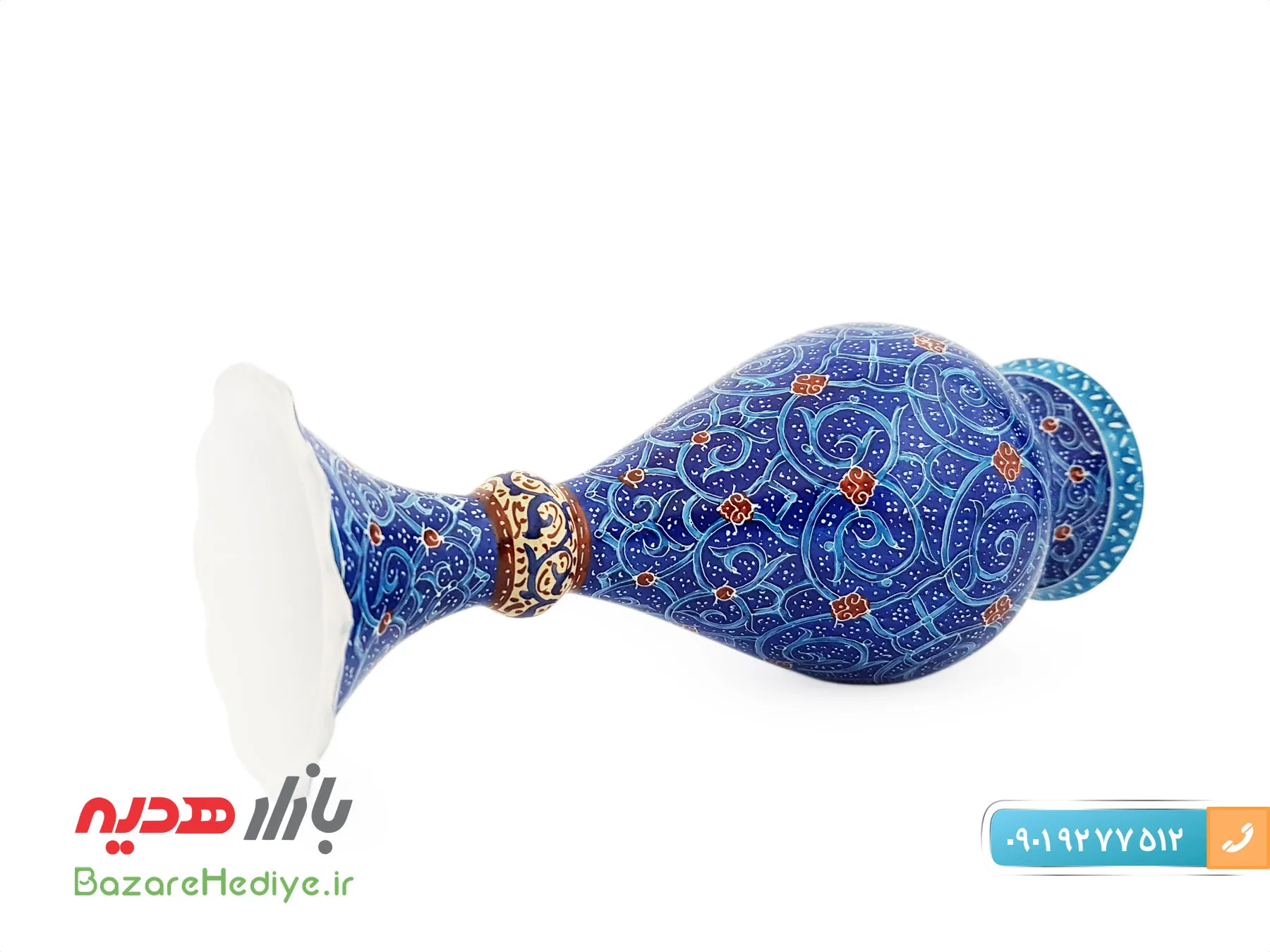 گلدان مسی میناکاری استاد اسماعیلی طرح اسلیمی ۱۶ سانتی