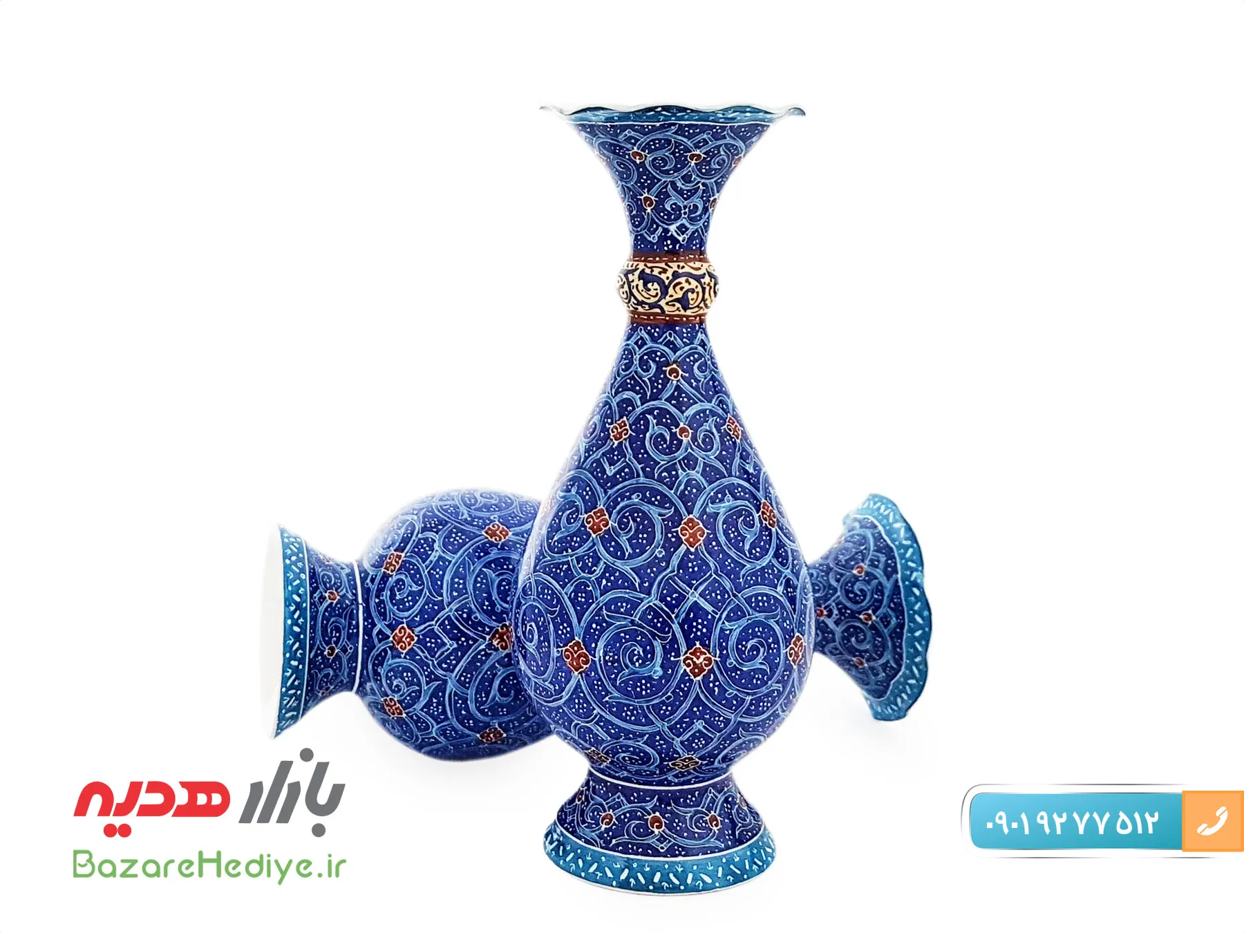 گلدان مسی میناکاری استاد اسماعیلی طرح اسلیمی ۱۶ سانتی