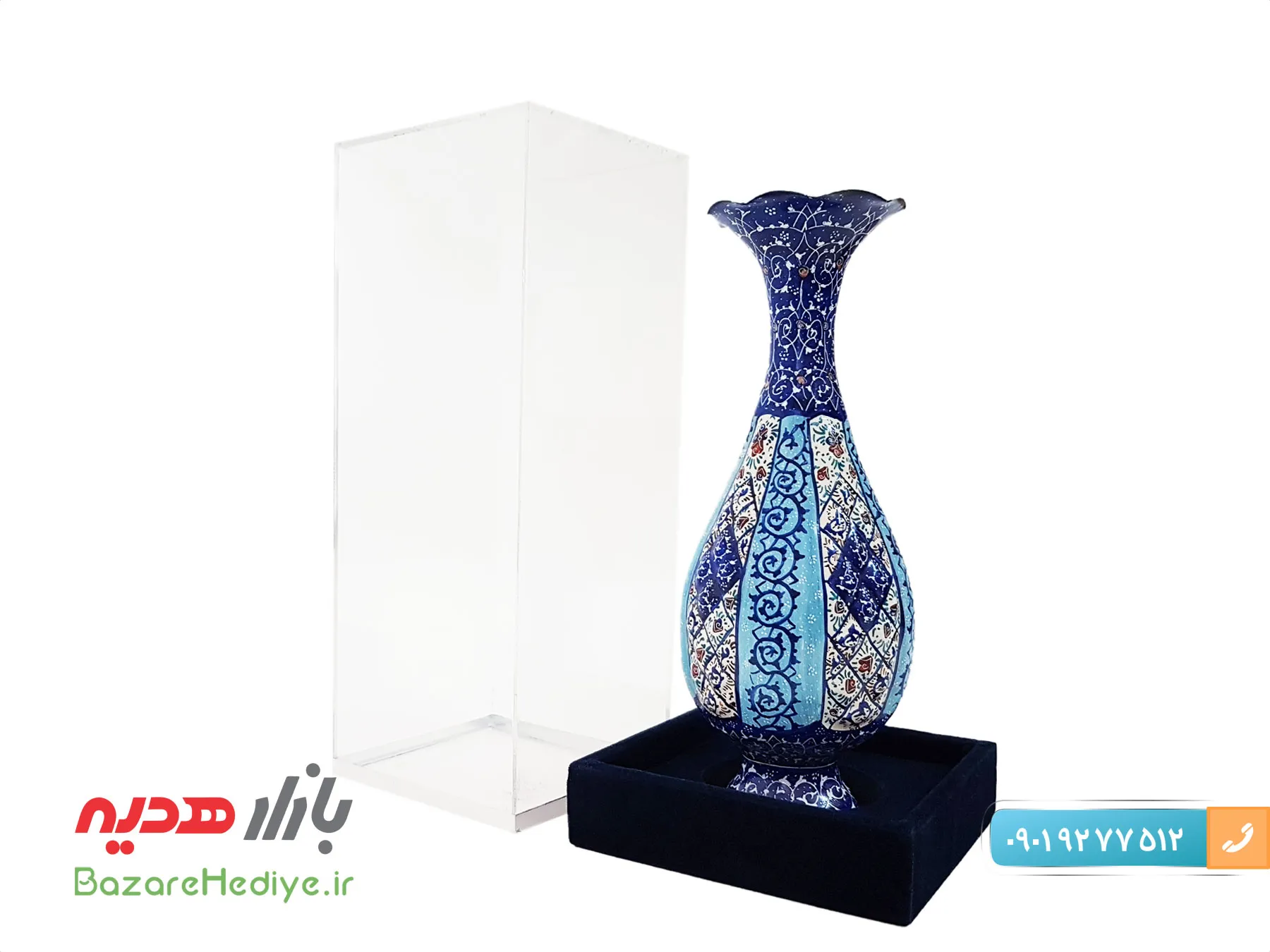 گلدان مسی مینا کاری جعبه پلکسی ارتفاع ۲۰ سانتی متر