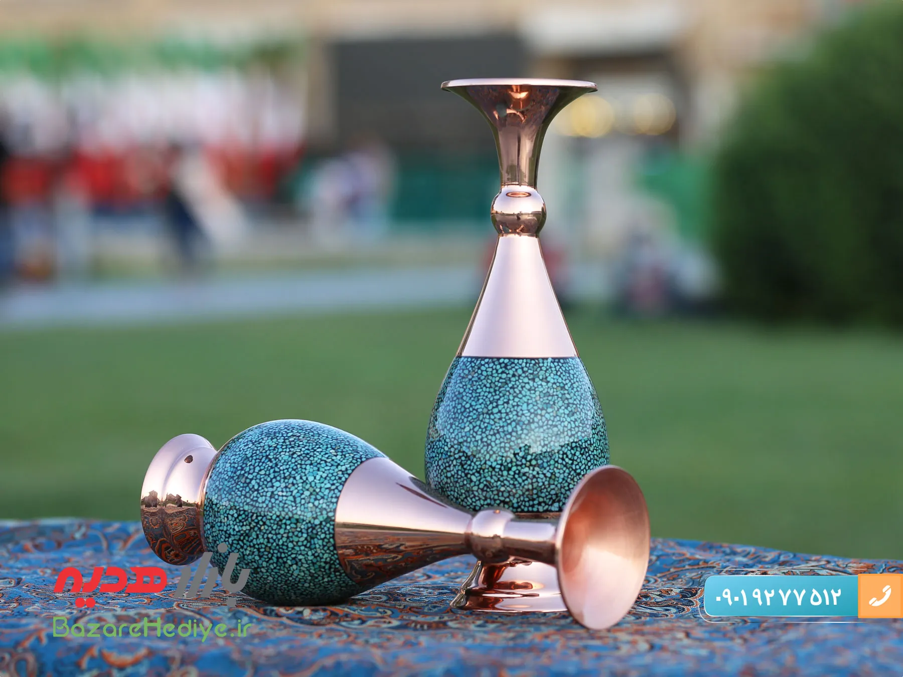 گلدان فیروزه کوبی مسی صراحی ۲۵ سانتی متری