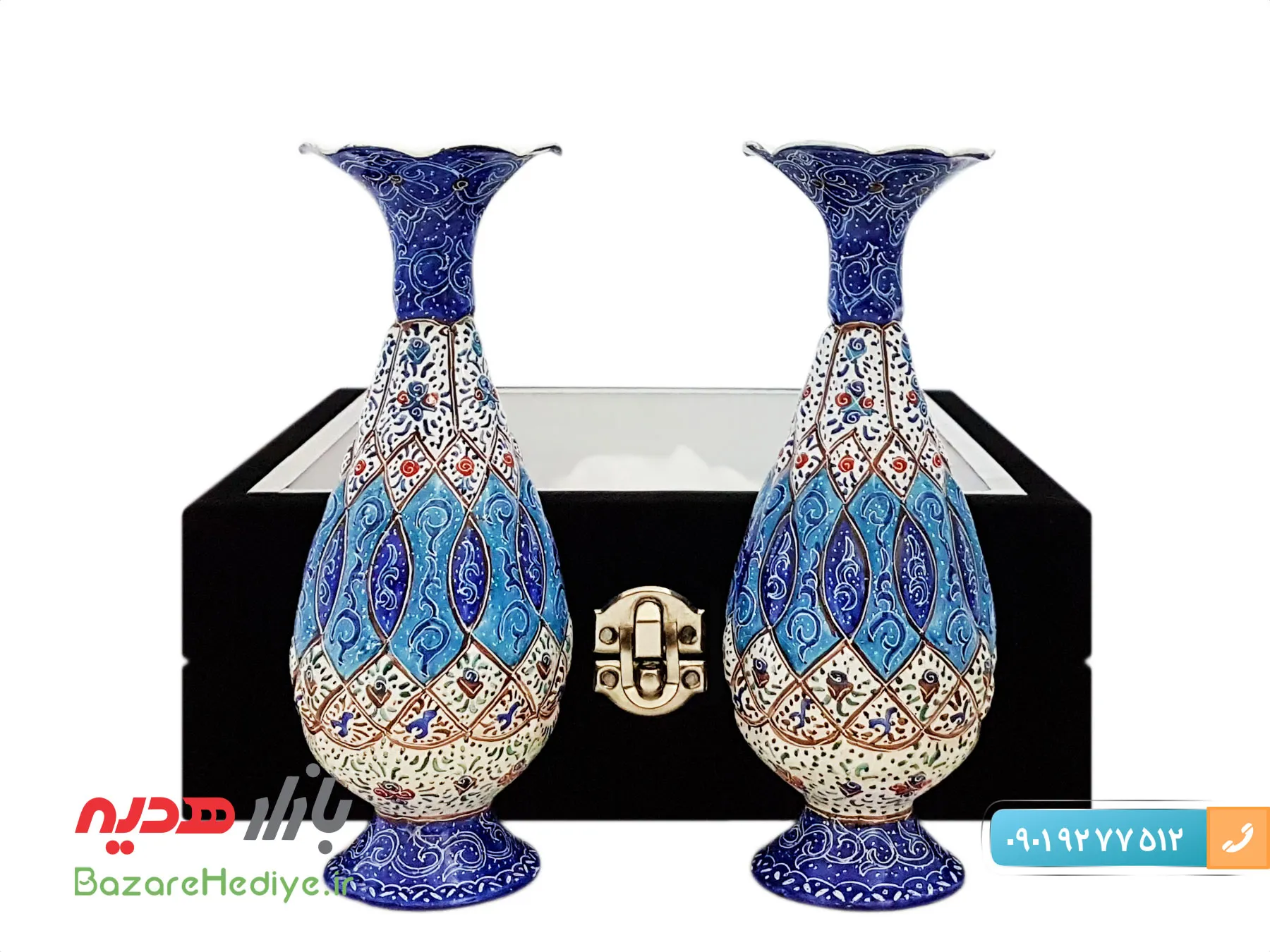 باکس ست جفت گلدان مسی میناکاری 16 سانتی متری