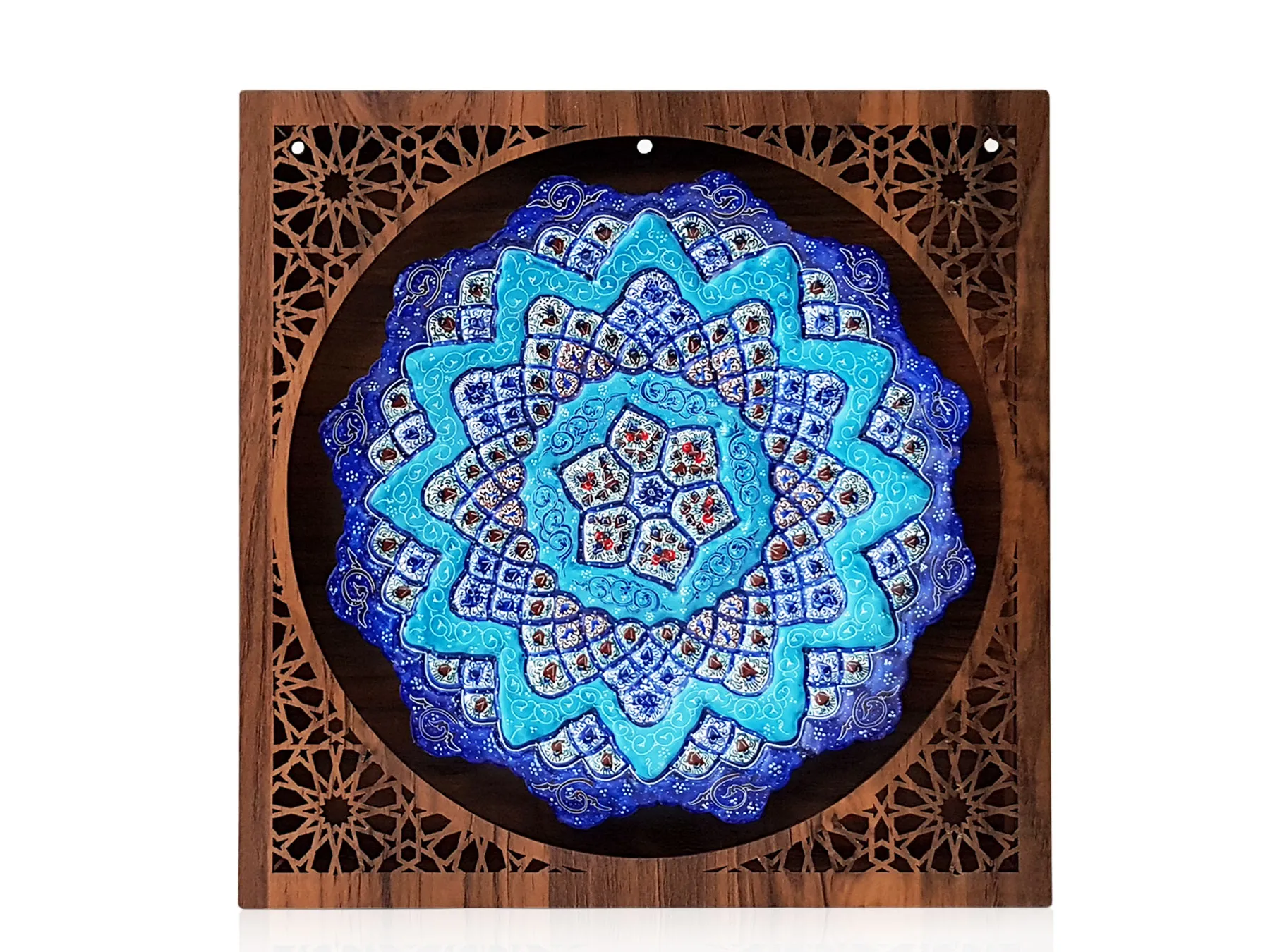 بشقاب میناکاری با قاب چوبی مشبک ۳۰*۳۰ سانتی متر